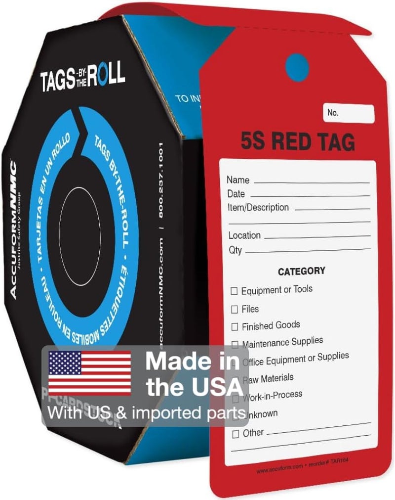 NMC AccuformNMC 250 Tags by-The-Roll, 5S Red Tag, US Made OSHA Compliant Tags, Waterproof PF-Cardstock, Resists Tears, 6.25"x3", TAR164 - Image 1